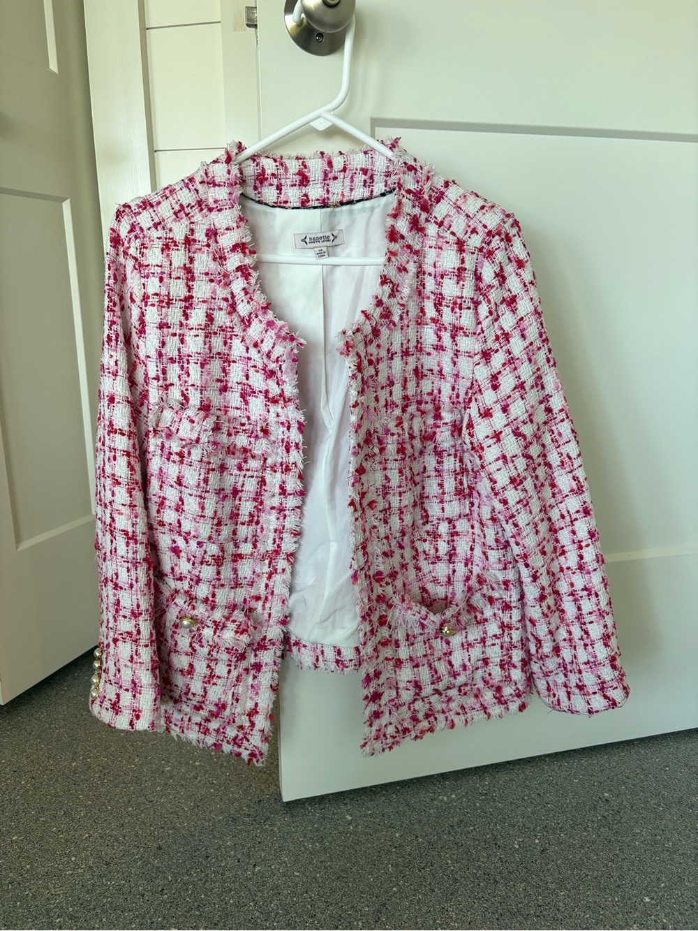 Nanette lepore Pink & White Tweed Collarless Jacket